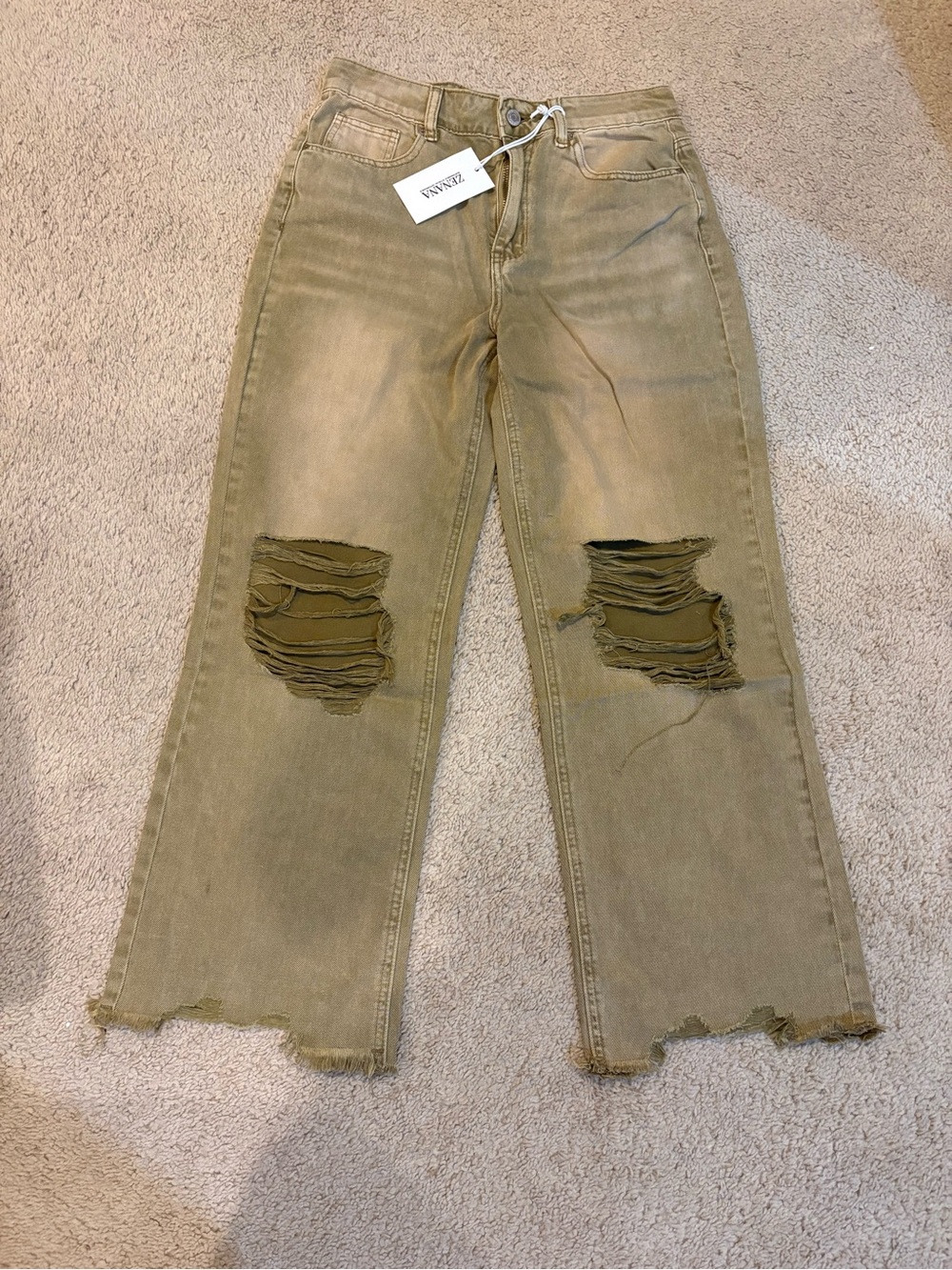 Zenana Outfitters Distressed Wide Leg Jeans - Olive Green